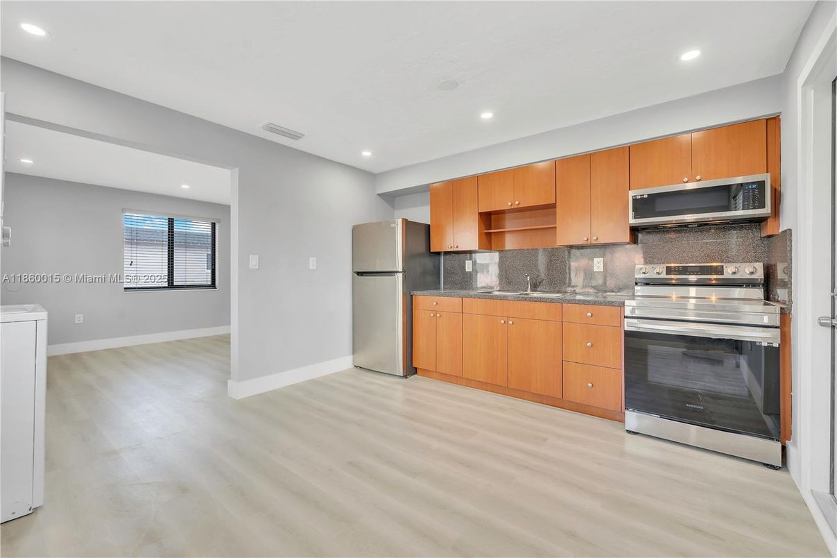 Interior, Kitchen, Recessed Lighting, Stainless Steel Appliances, Wood Texture Flooring