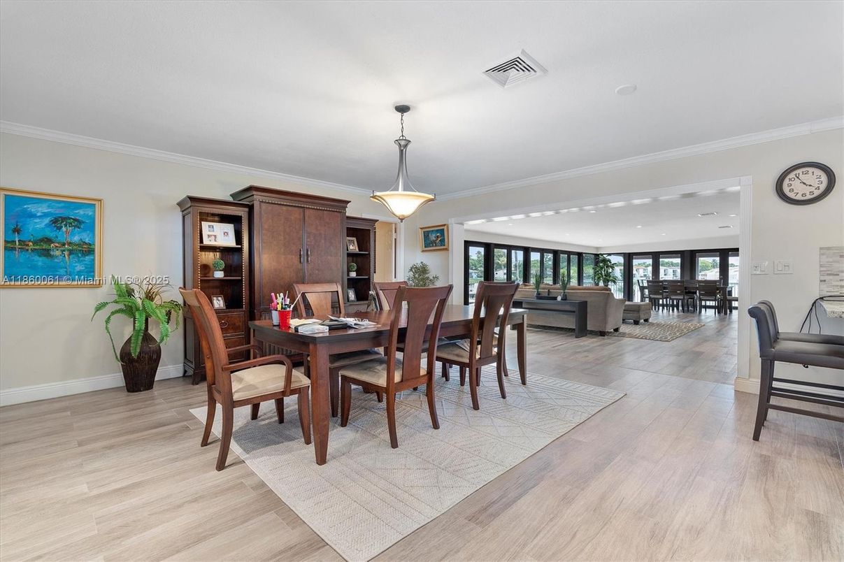 Dining room, Interior, Living room, Pendant Lights, Wood Texture Flooring