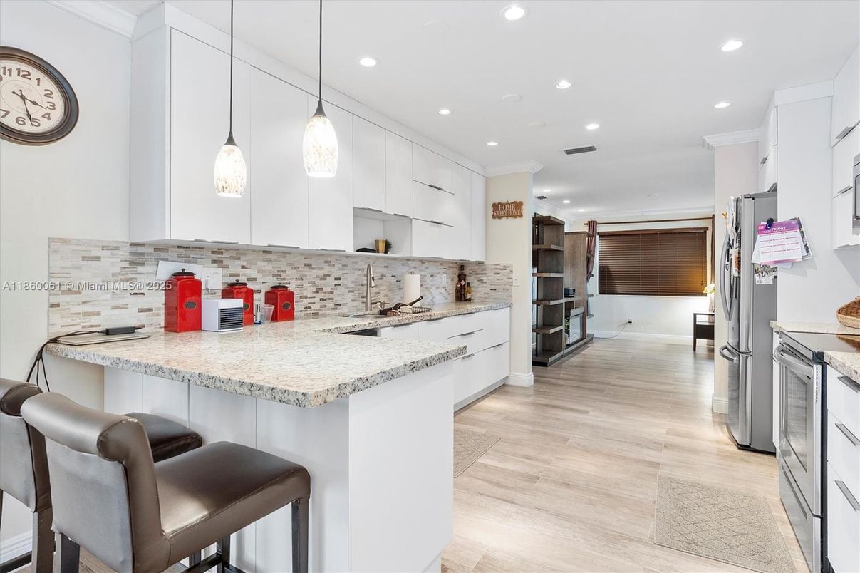 Interior, Kitchen, Pendant Lights, Recessed Lighting, Stainless Steel Appliances, Wood Texture Flooring