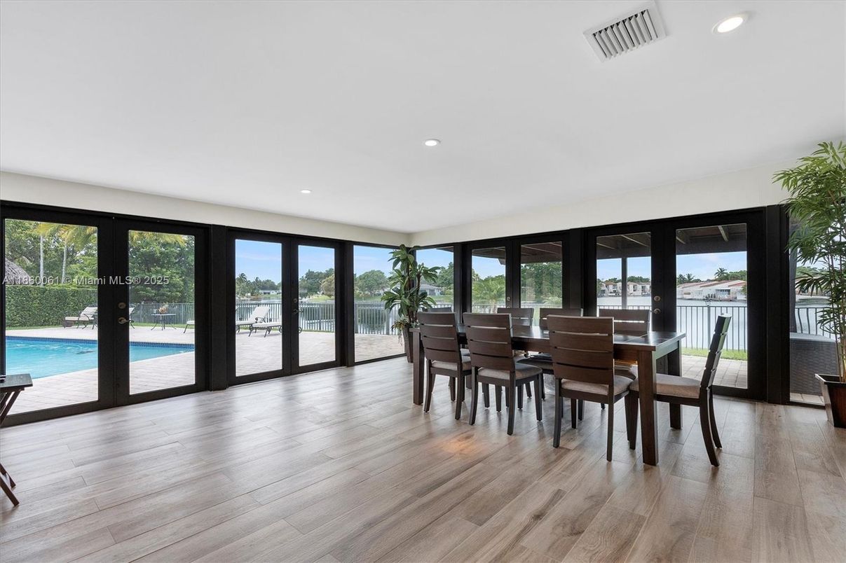 Dining room, Interior, Recessed Lighting, Wood Texture Flooring