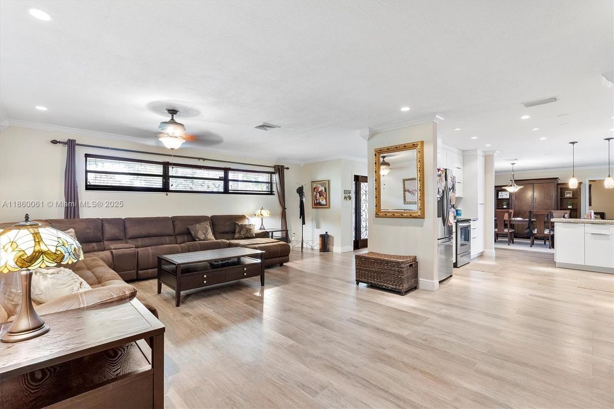 Interior, Kitchen, Living room, Pendant Lights, Recessed Lighting, Stainless Steel Appliances, Wood Texture Flooring