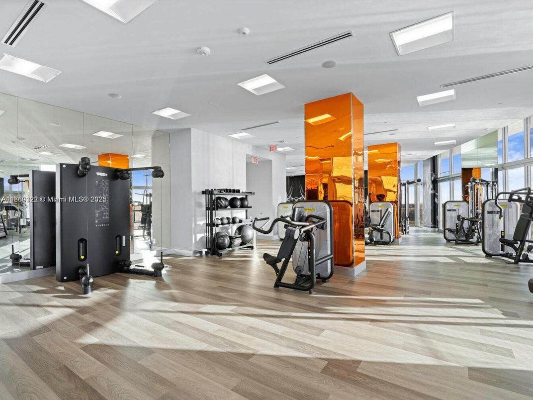 Fitness Equipment, Gym, Interior, Recessed Lighting, Wood Texture Flooring
