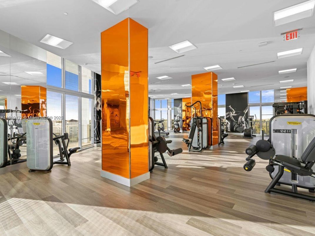 Fitness Equipment, Gym, Interior, Recessed Lighting, Wood Texture Flooring