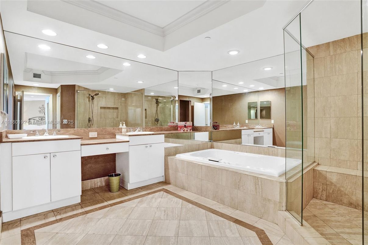 Bathroom, Dual Sink Vanities, Glass Shower, Interior, Recessed Lighting