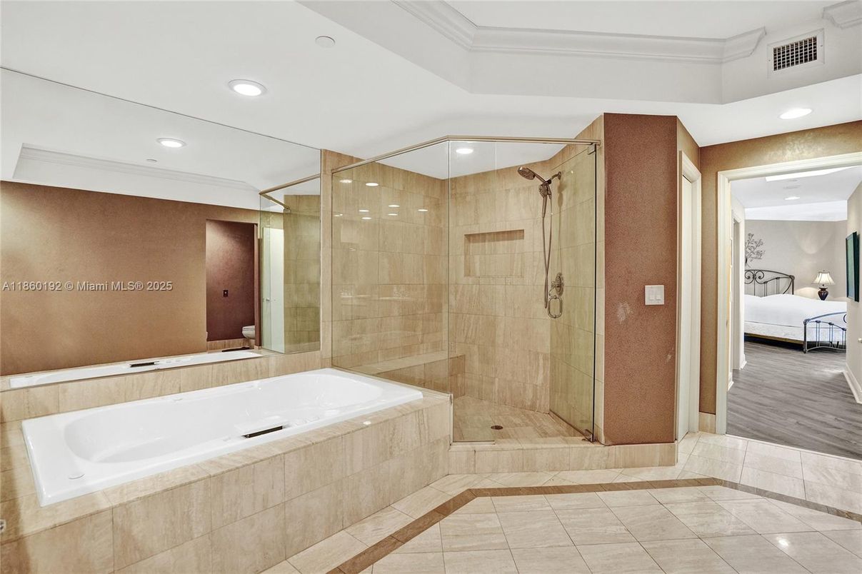 Bathroom, Bedroom, Glass Shower, Interior, Recessed Lighting, Wood Texture Flooring
