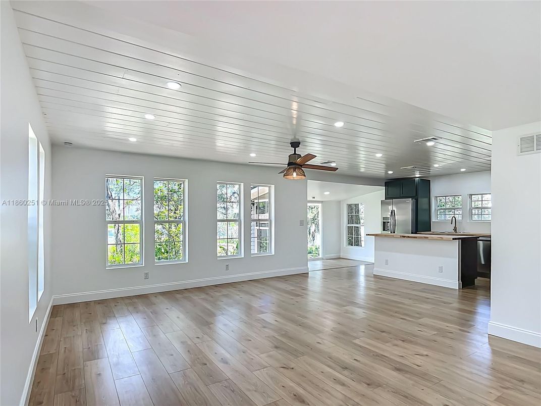 Empty room, Interior, Kitchen, Recessed Lighting, Wood Texture Flooring