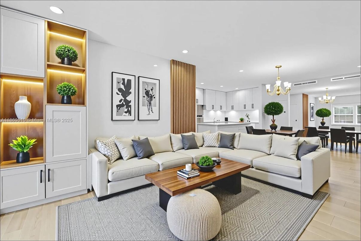 Chandelier, Dining room, Interior, Kitchen, Living room, Pendant Lights, Recessed Lighting, Wood Texture Flooring