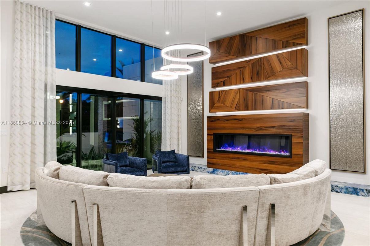 Fireplace, Interior, Living room, Pendant Lights, Recessed Lighting, Wooden Walls