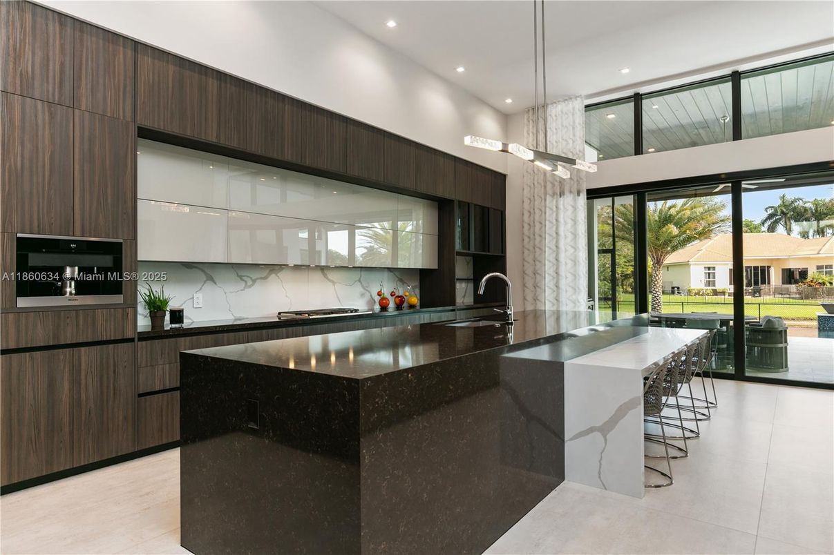 Interior, Kitchen, Marble Walls, Pendant Lights, Recessed Lighting