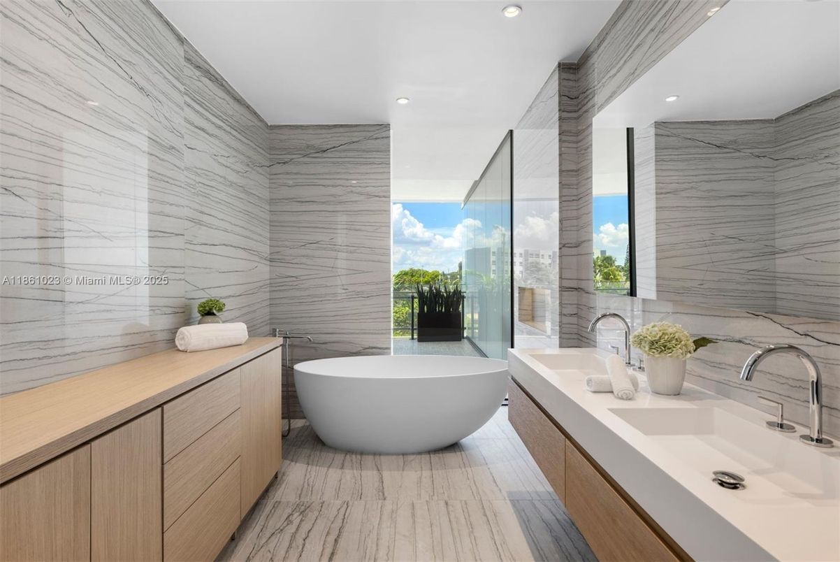 Bathroom, Dual Sink Vanities, Free Standing Baths, Interior, Marble, Marble Walls, Recessed Lighting