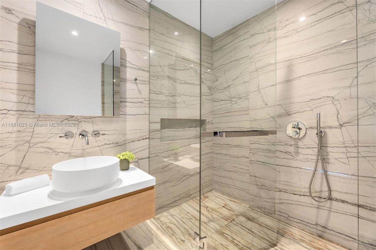 Bathroom, Glass Shower, Interior, Marble Walls, Recessed Lighting
