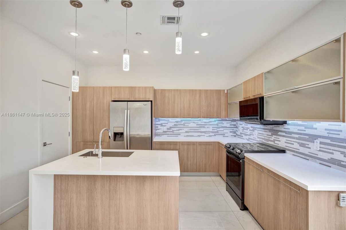 Interior, Kitchen, Marble, Pendant Lights, Recessed Lighting, Stainless Steel Appliances