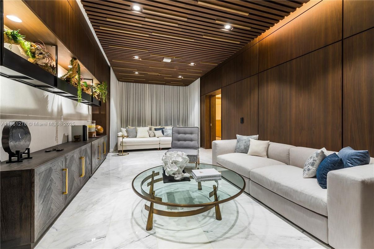 Interior, Living room, Marble, Recessed Lighting, Wooden Ceilings, Wooden Walls