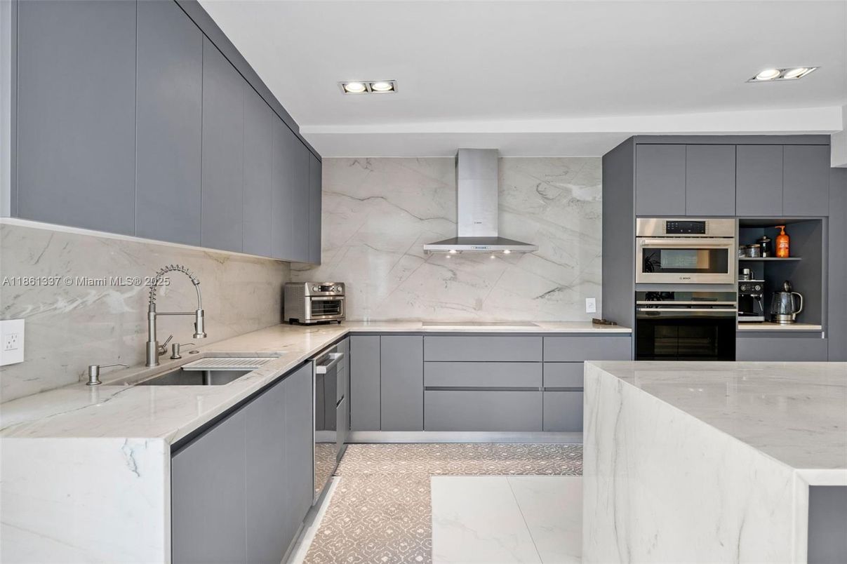Interior, Kitchen, Marble, Marble Walls, Recessed Lighting, Stainless Steel Appliances
