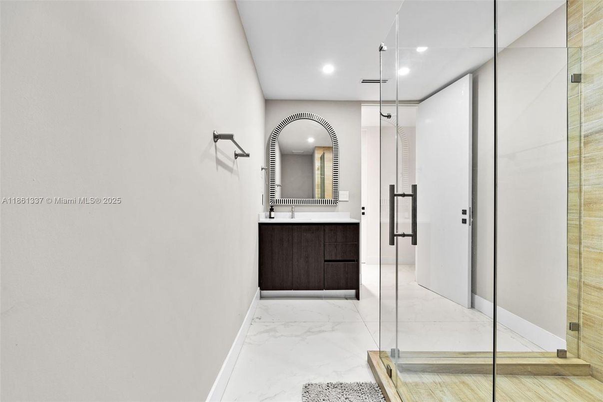 Bathroom, Glass Shower, Interior, Marble, Recessed Lighting