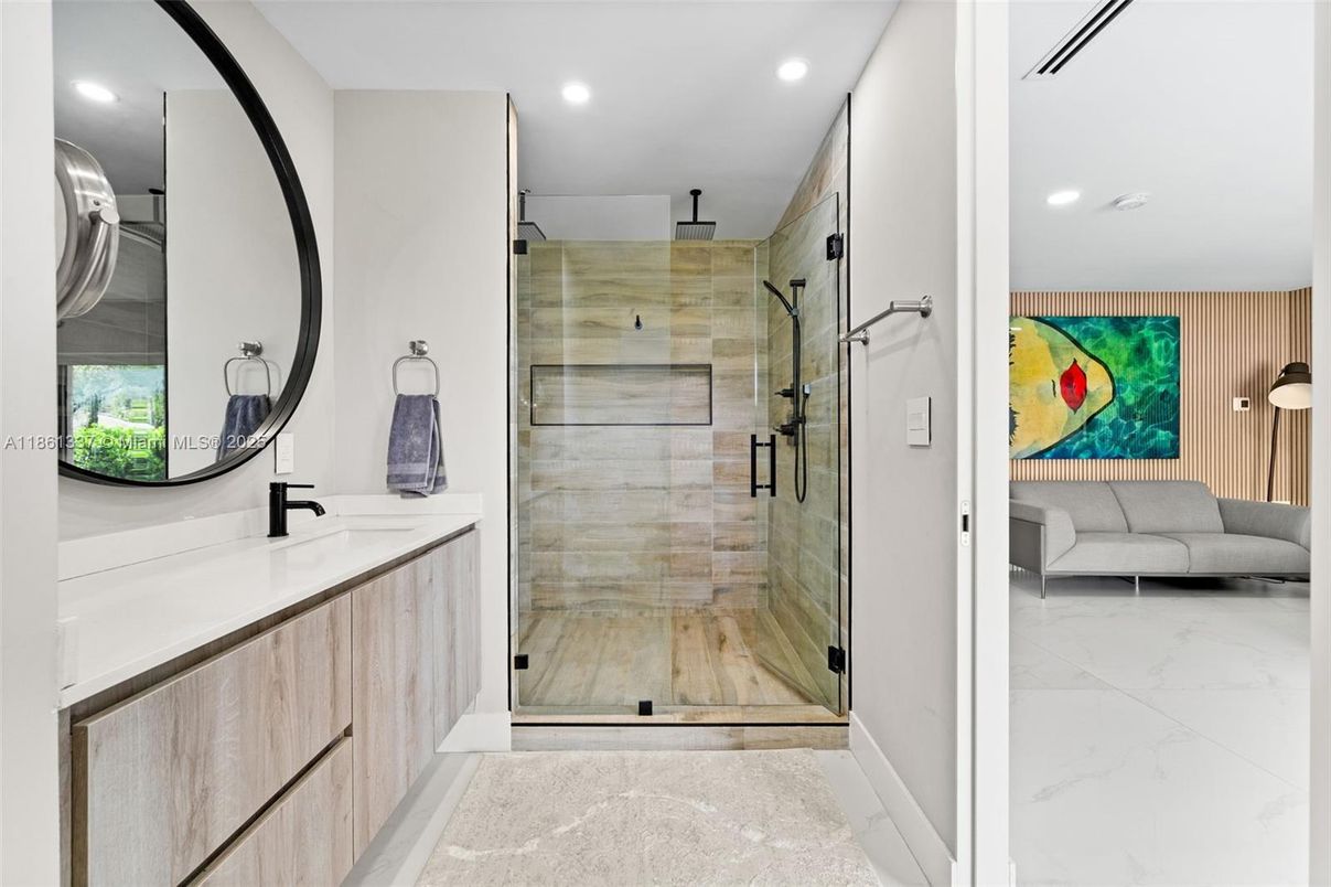 Bathroom, Glass Shower, Interior, Marble, Recessed Lighting