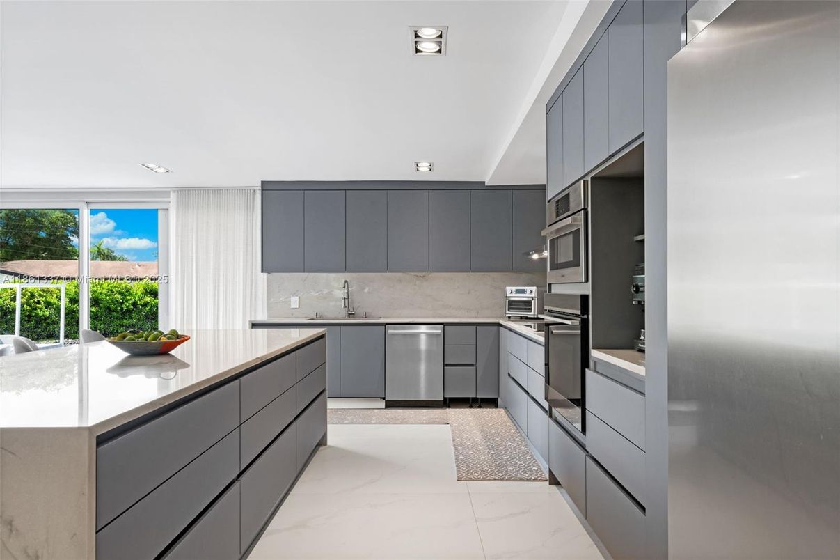 Interior, Kitchen, Marble, Recessed Lighting, Stainless Steel Appliances