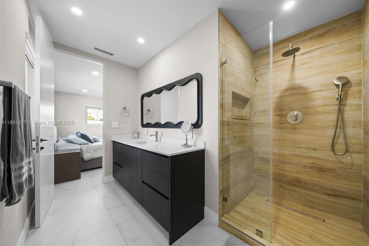 Bathroom, Bedroom, Dual Sink Vanities, Glass Shower, Interior, Marble, Recessed Lighting