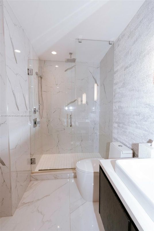 Bathroom, Glass Shower, Interior, Marble, Marble Walls, Recessed Lighting