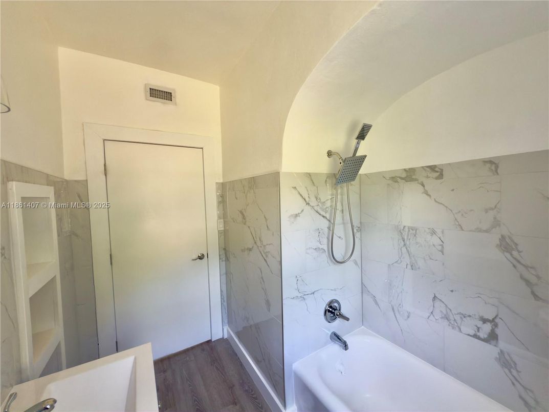 Bathroom, Glass Shower, Interior, Marble Walls, Wood Texture Flooring