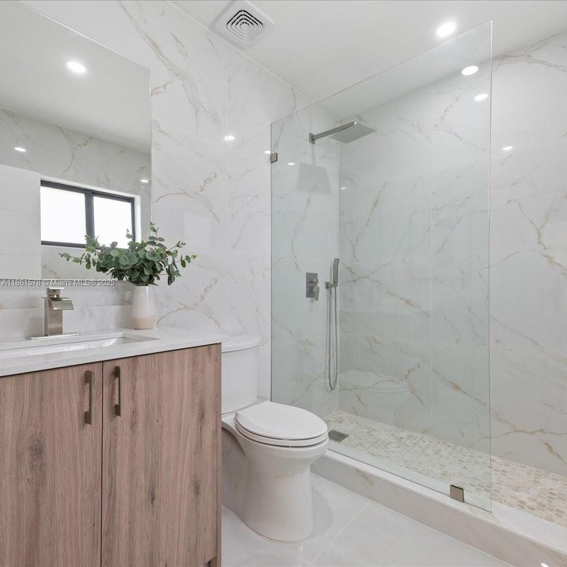 Bathroom, Glass Shower, Interior, Marble Walls, Recessed Lighting