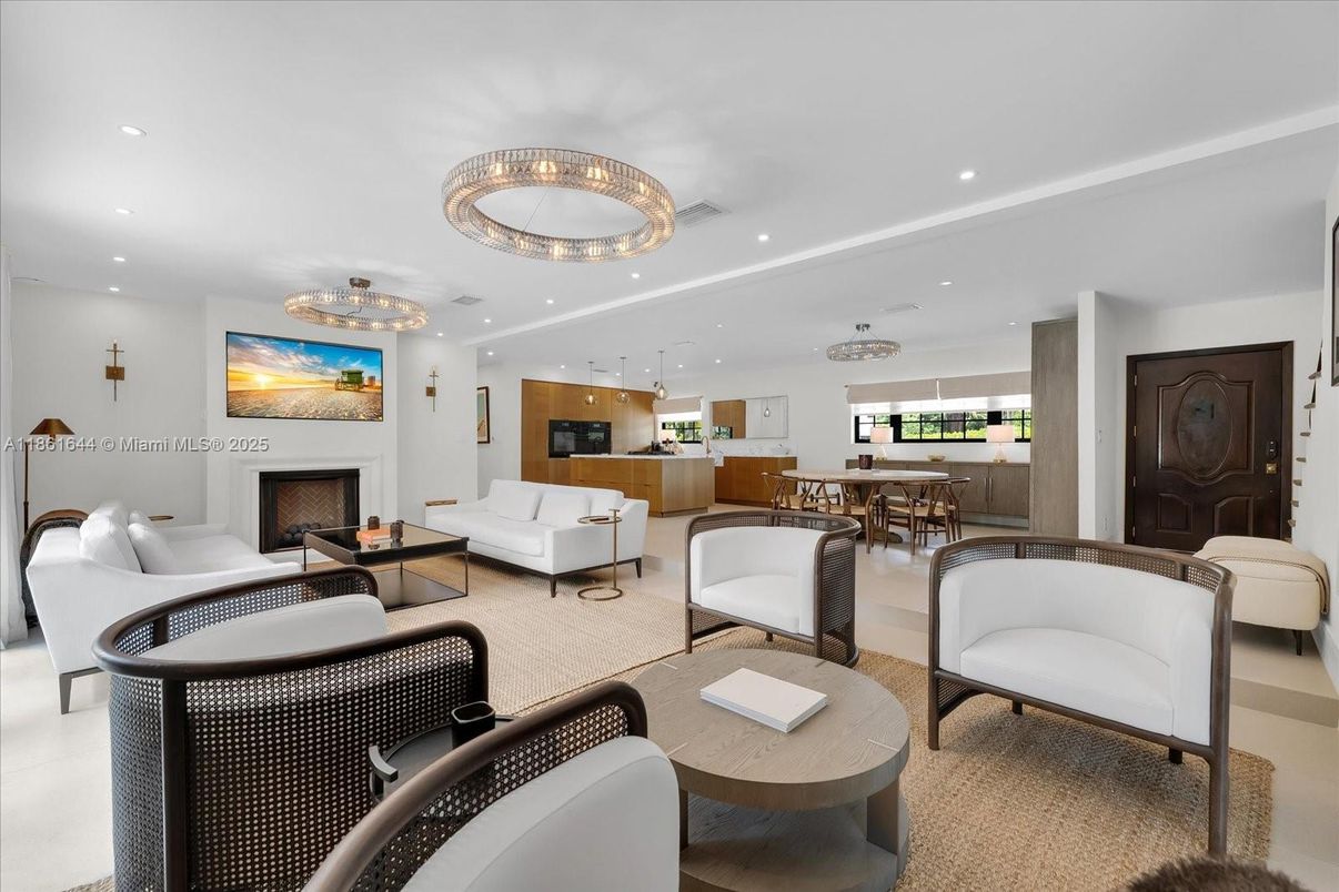 Chandelier, Dining room, Fireplace, Interior, Living room, Pendant Lights, Recessed Lighting