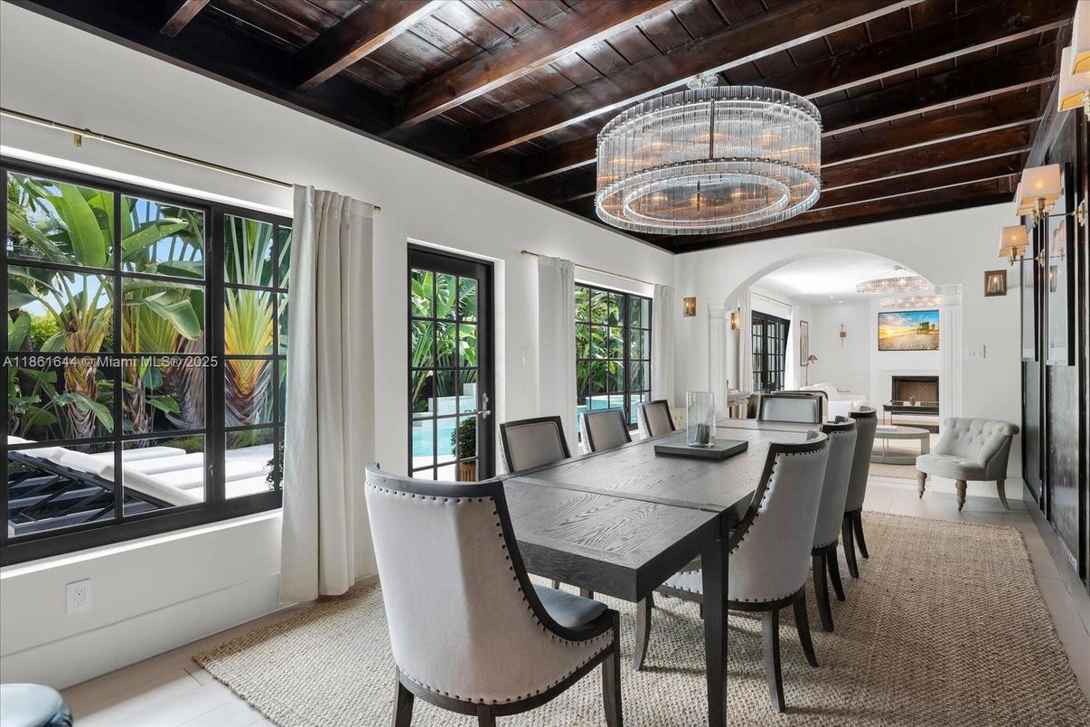 Chandelier, Dining room, Fireplace, Interior, Wooden Beams, Wooden Ceilings