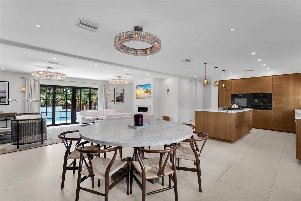 Chandelier, Dining room, Fireplace, Interior, Kitchen, Living room, Pendant Lights, Recessed Lighting