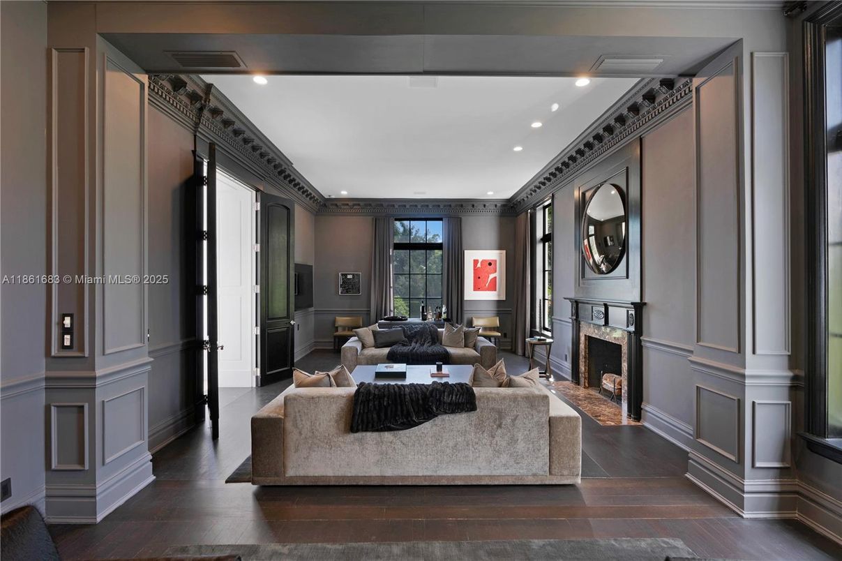 Fireplace, Interior, Living room, Recessed Lighting, Wood Texture Flooring