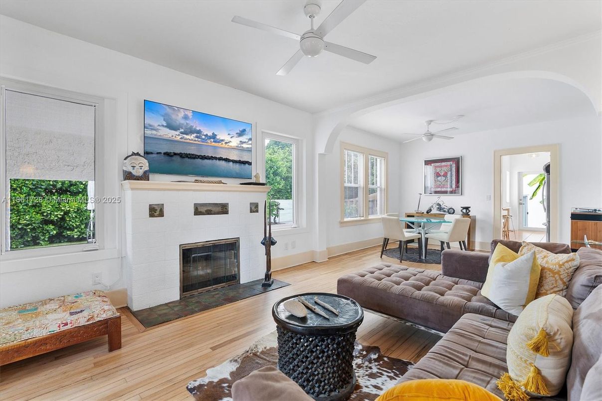 Dining room, Fireplace, Interior, Living room, Wood Texture Flooring