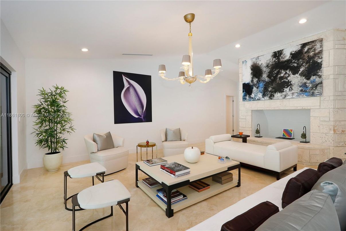Fireplace, Interior, Living room, Recessed Lighting, Stone Walls