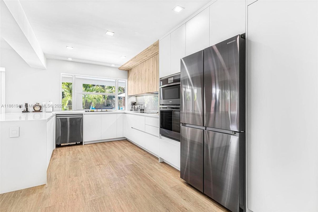 Interior, Kitchen, Recessed Lighting, Stainless Steel Appliances, Wood Texture Flooring