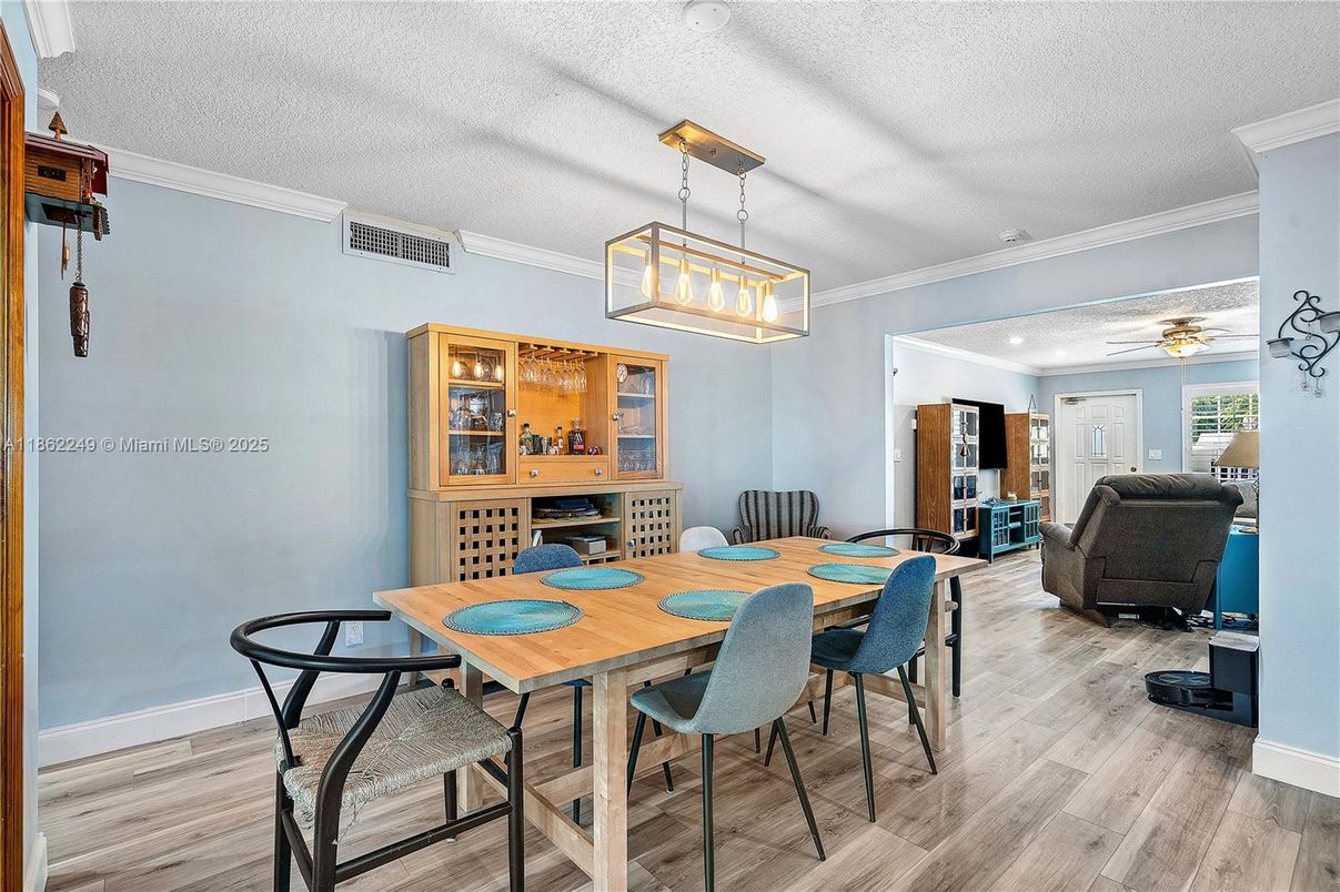 Dining room, Interior, Pendant Lights, Recessed Lighting, Wood Texture Flooring