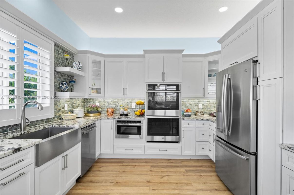 Interior, Kitchen, Recessed Lighting, Stainless Steel Appliances, Wood Texture Flooring