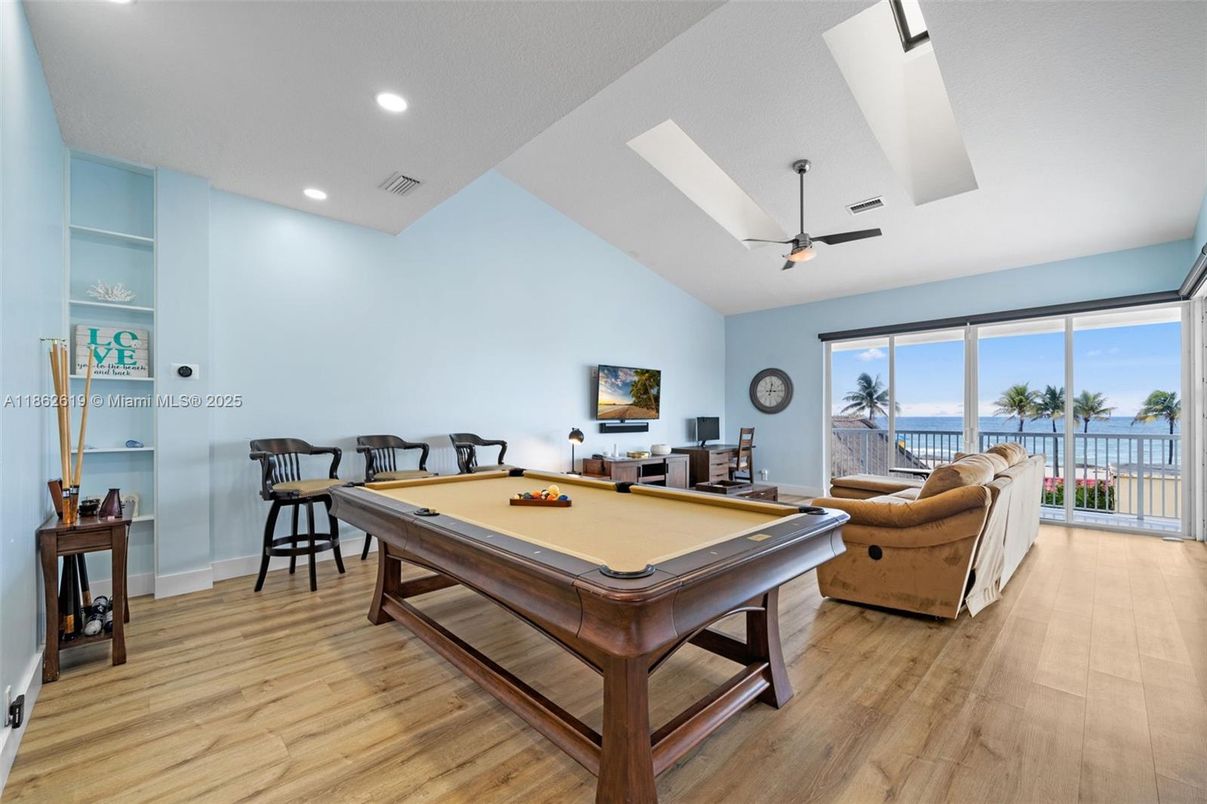 Billiard Table, Game Room, Interior, Living room, Recessed Lighting, Water, Wood Texture Flooring