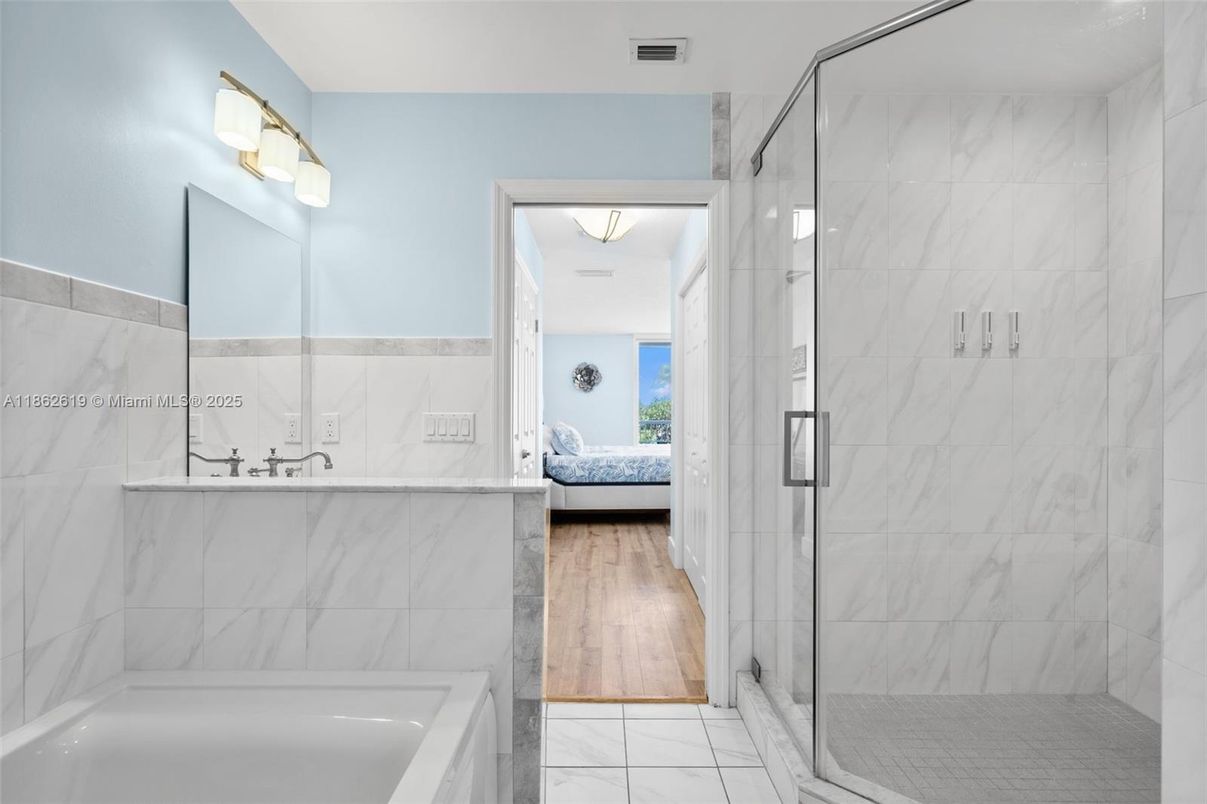 Bathroom, Glass Shower, Interior, Marble, Marble Walls, Wood Texture Flooring