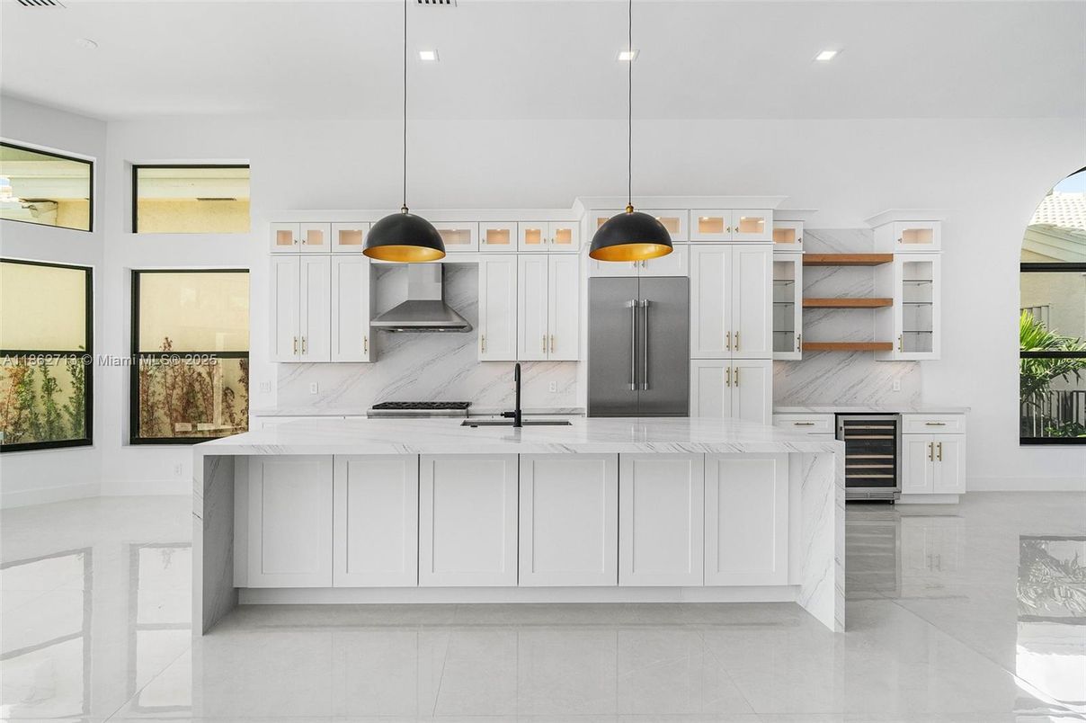 Interior, Kitchen, Marble, Marble Walls, Pendant Lights, Recessed Lighting