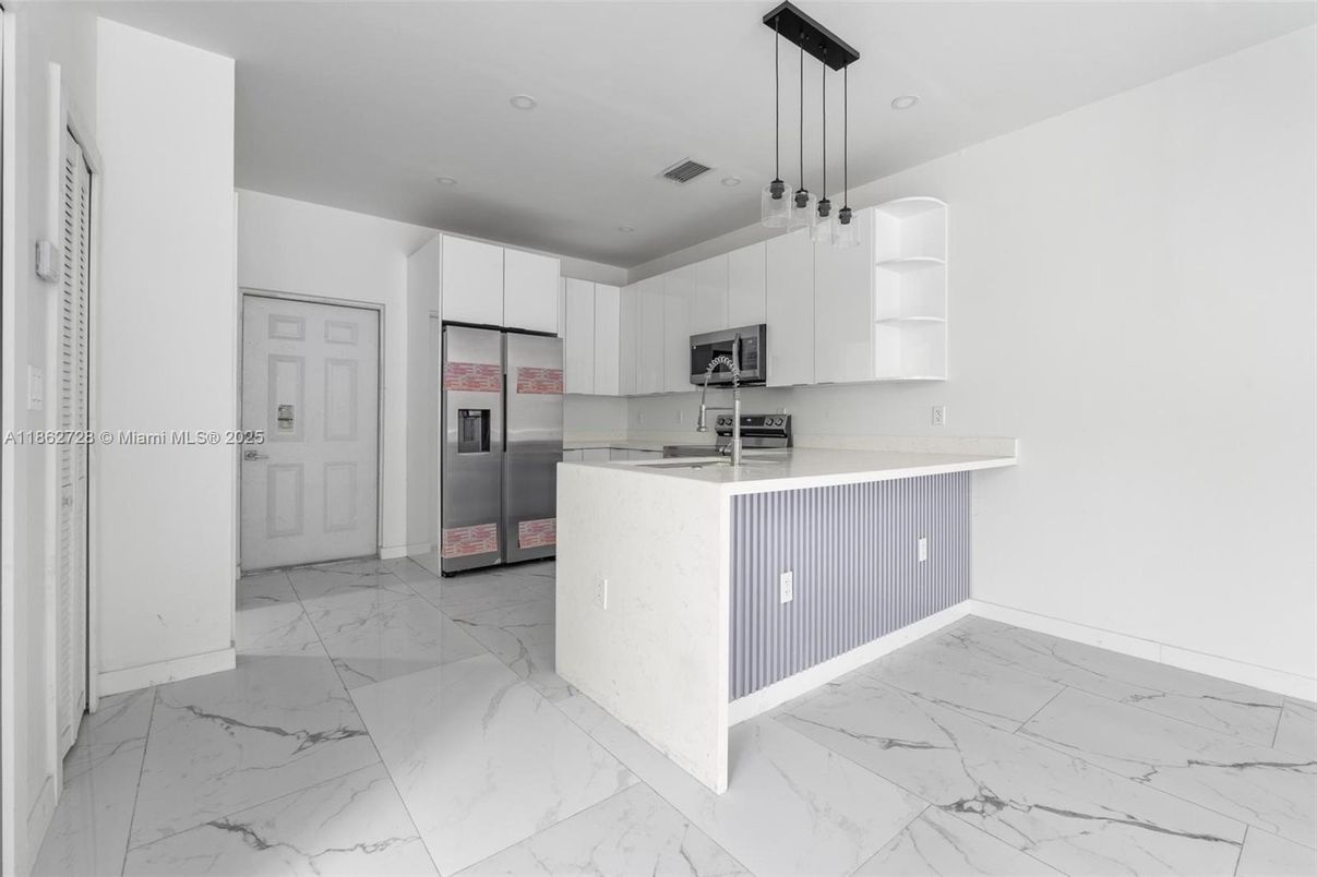 Interior, Kitchen, Marble, Pendant Lights, Recessed Lighting, Stainless Steel Appliances