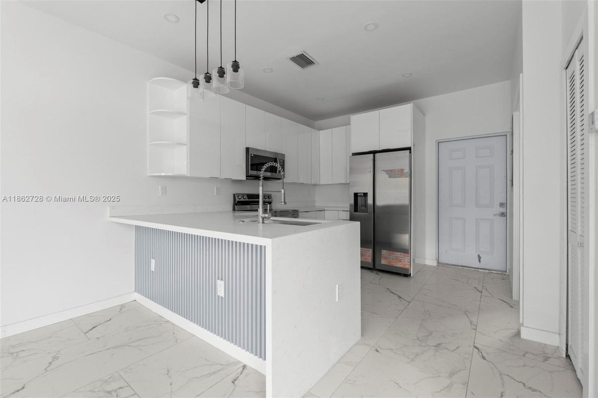 Interior, Kitchen, Marble, Pendant Lights, Recessed Lighting, Stainless Steel Appliances