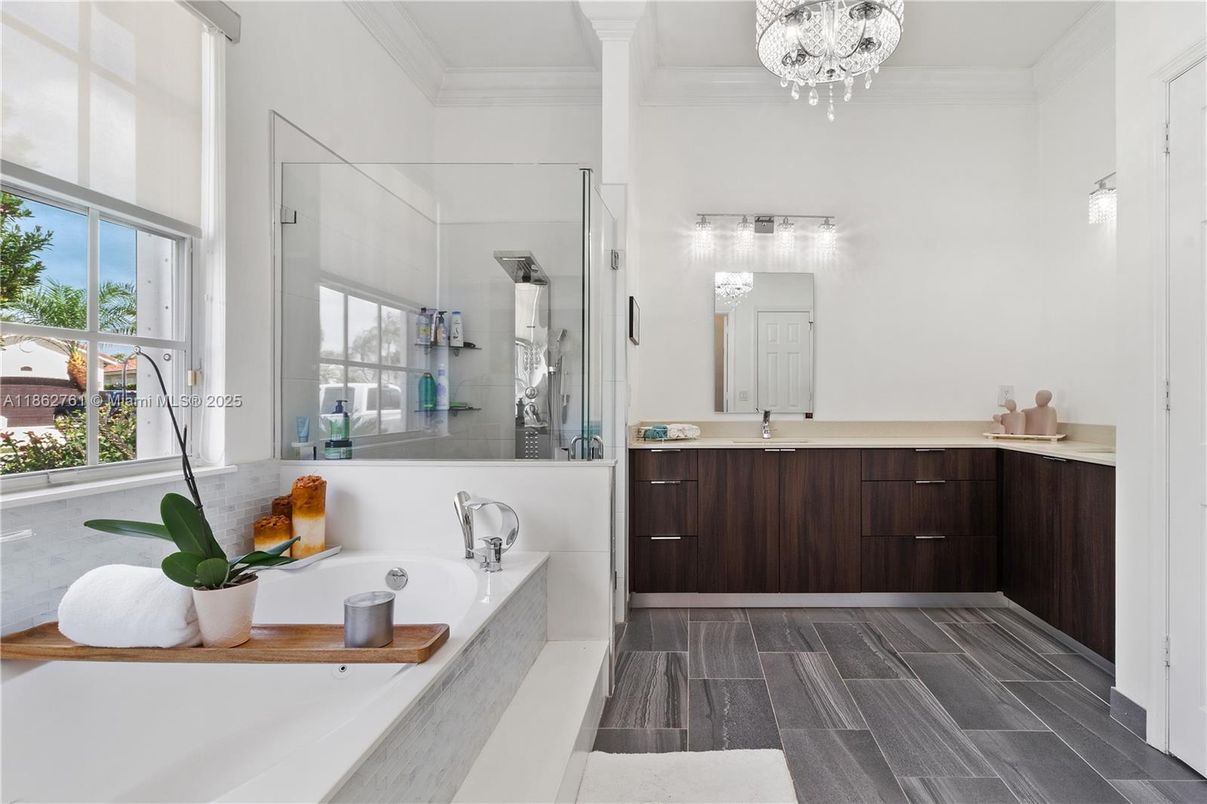 Bathroom, Chandelier, Interior, Wood Texture Flooring
