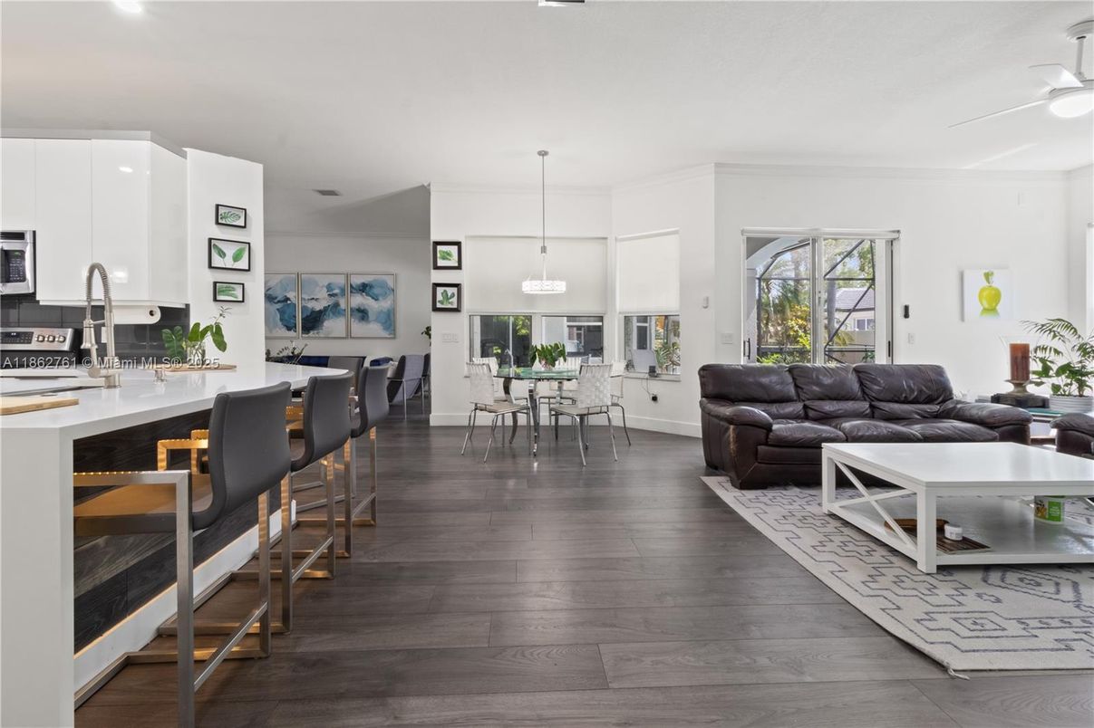 Dining room, Interior, Kitchen, Living room, Pendant Lights, Stainless Steel Appliances, Wood Texture Flooring