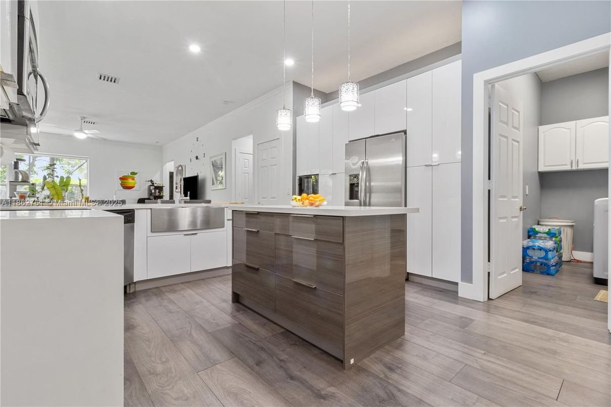 Interior, Kitchen, Pendant Lights, Recessed Lighting, Stainless Steel Appliances, Wood Texture Flooring