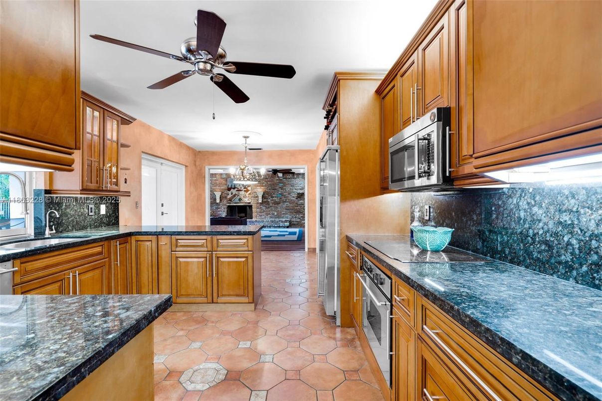Chandelier, Fireplace, Interior, Kitchen, Stone Walls