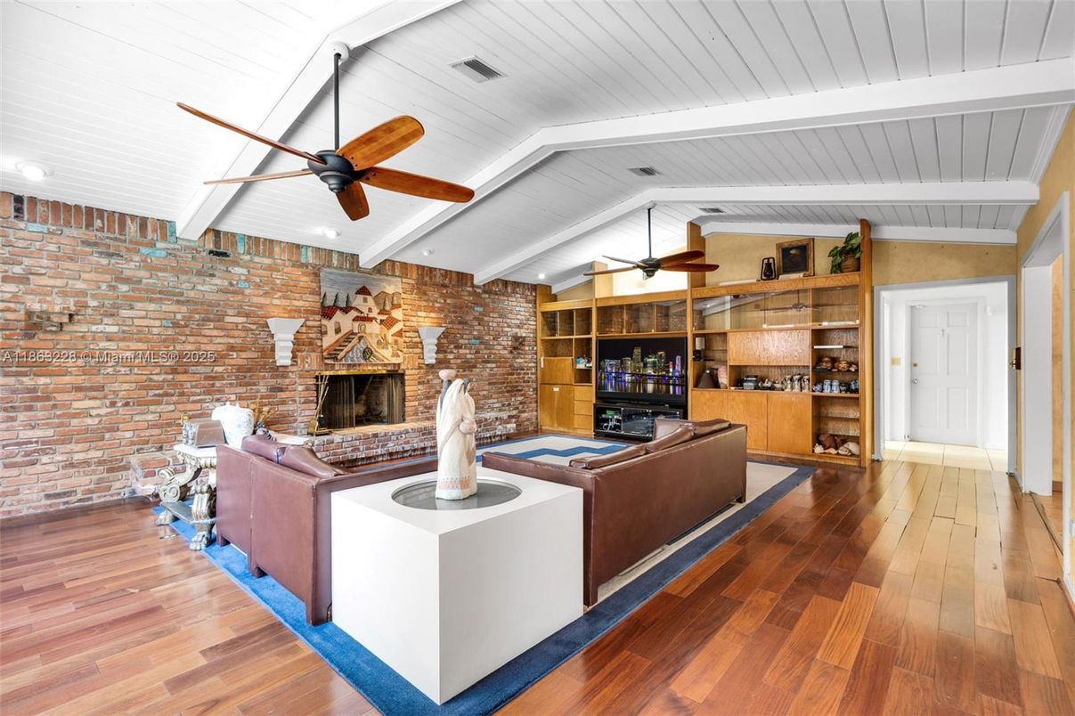 Fireplace, Interior, Recessed Lighting, Stone Walls, Wood Texture Flooring