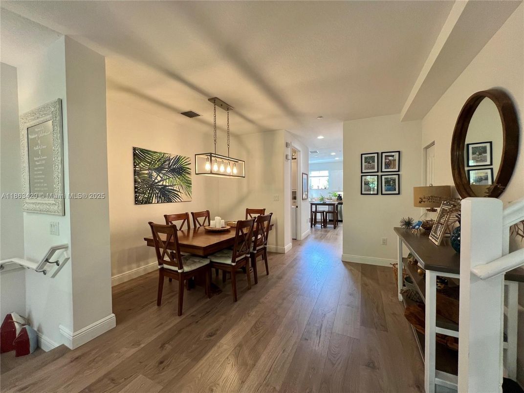 Dining room, Interior, Pendant Lights, Recessed Lighting, Wood Texture Flooring