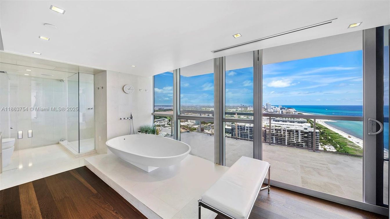 Bathroom, Free Standing Baths, Glass Shower, Interior, Recessed Lighting, Water, Wood Texture Flooring