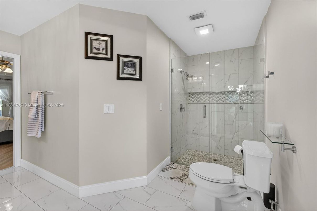 Bathroom, Glass Shower, Interior, Marble, Marble Walls, Recessed Lighting