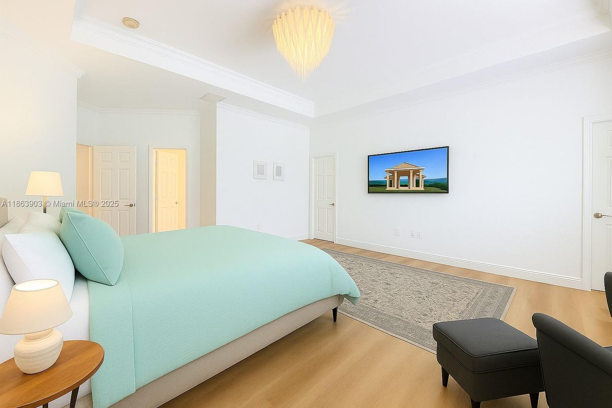 Bedroom, Chandelier, Interior, Wood Texture Flooring