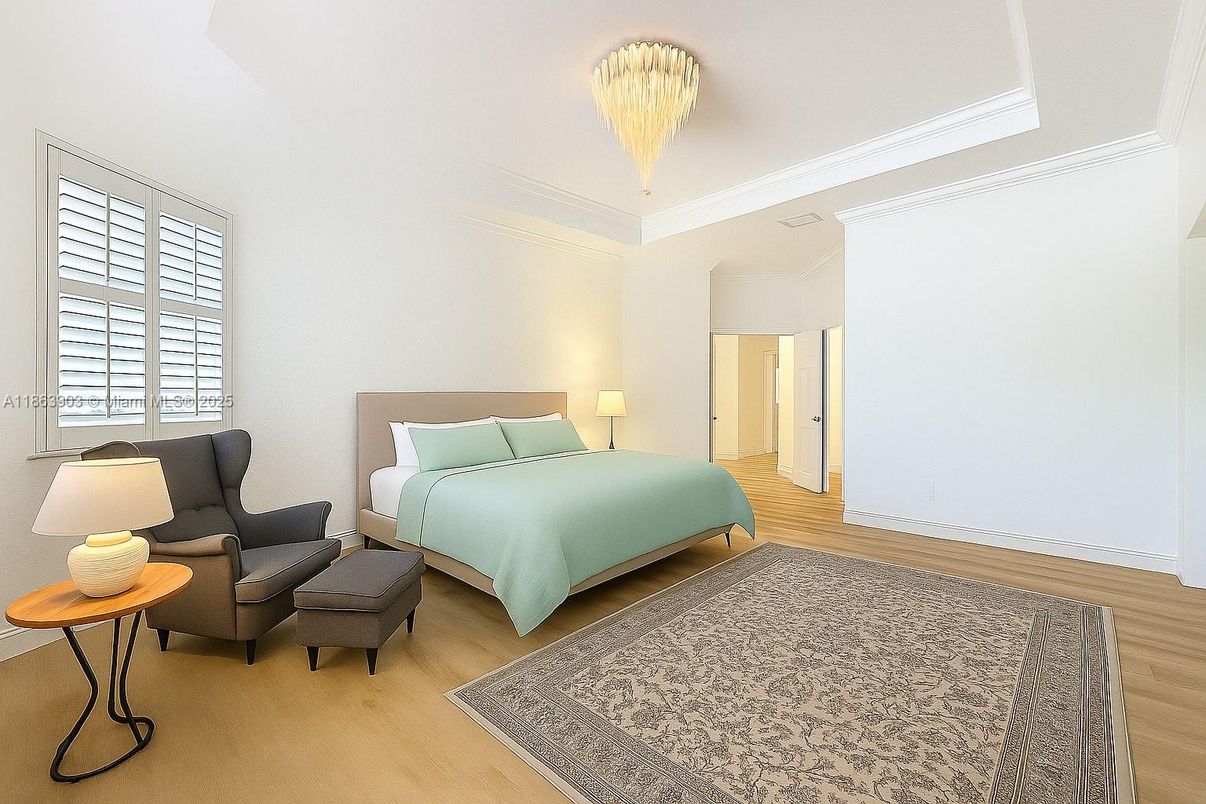 Bedroom, Chandelier, Interior, Wood Texture Flooring