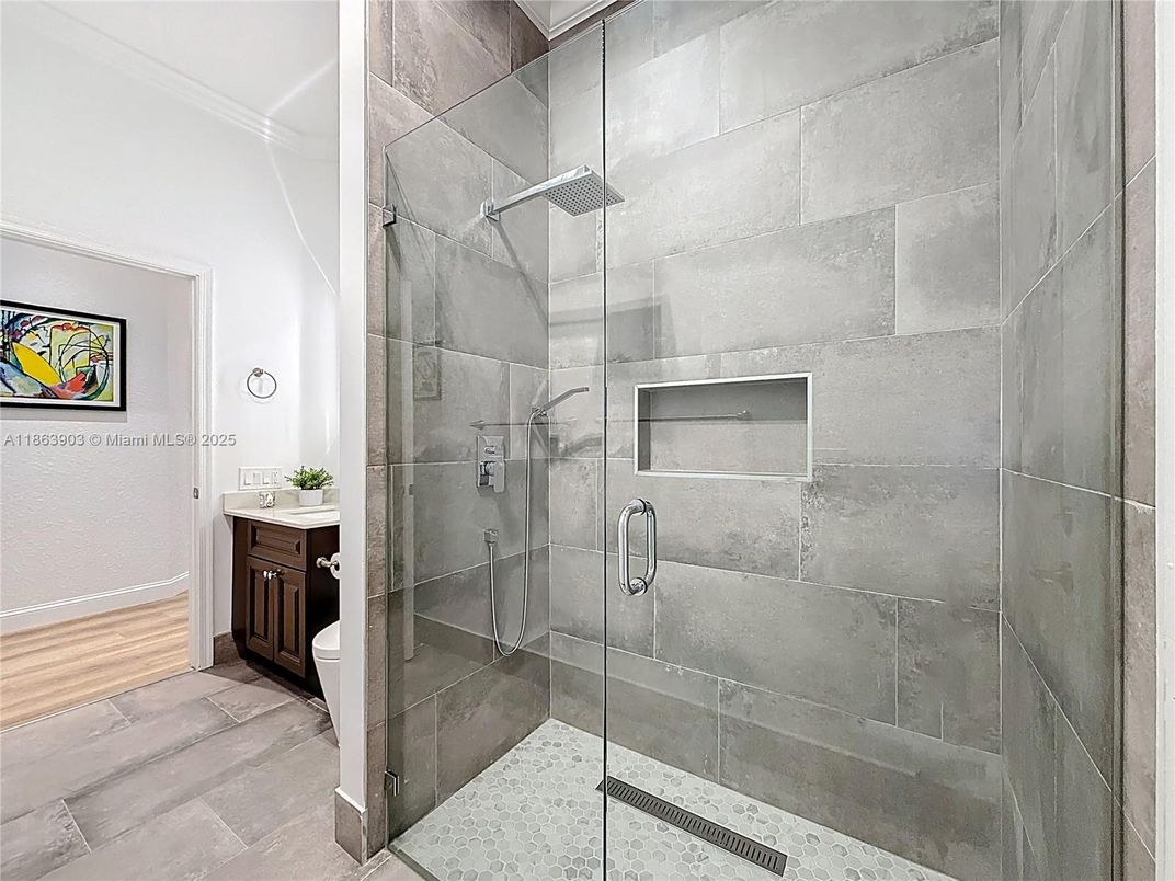 Bathroom, Glass Shower, Interior, Wood Texture Flooring